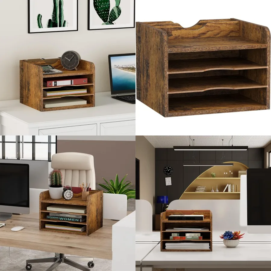 

Винтажный деревянный органайзер для файлов Snughome, настольный 13,7-дюймовый лоток для документов, писем и почтой, сортировщик с 3 регулируемыми полками, деревянный рабочий стол P