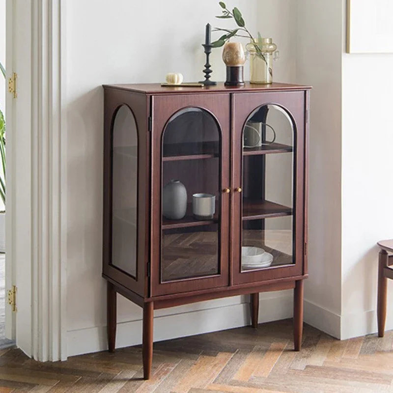 Gabinete de cubo de almacenamiento arqueado de vidrio de nogal, gabinete de zapatos de madera de cerezo simple, muebles de teca, lado de comedor de madera maciza, Retro