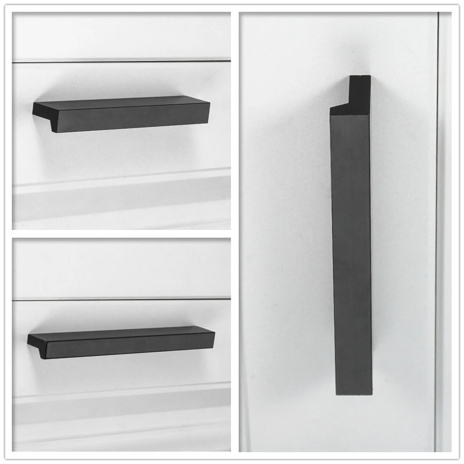 4pcs Minimalist Handle Aluminium Alloy Stripe Pull Inside Buckle Style Knob w/screw Modern Black 96-128mm Length Cupboard Drawer