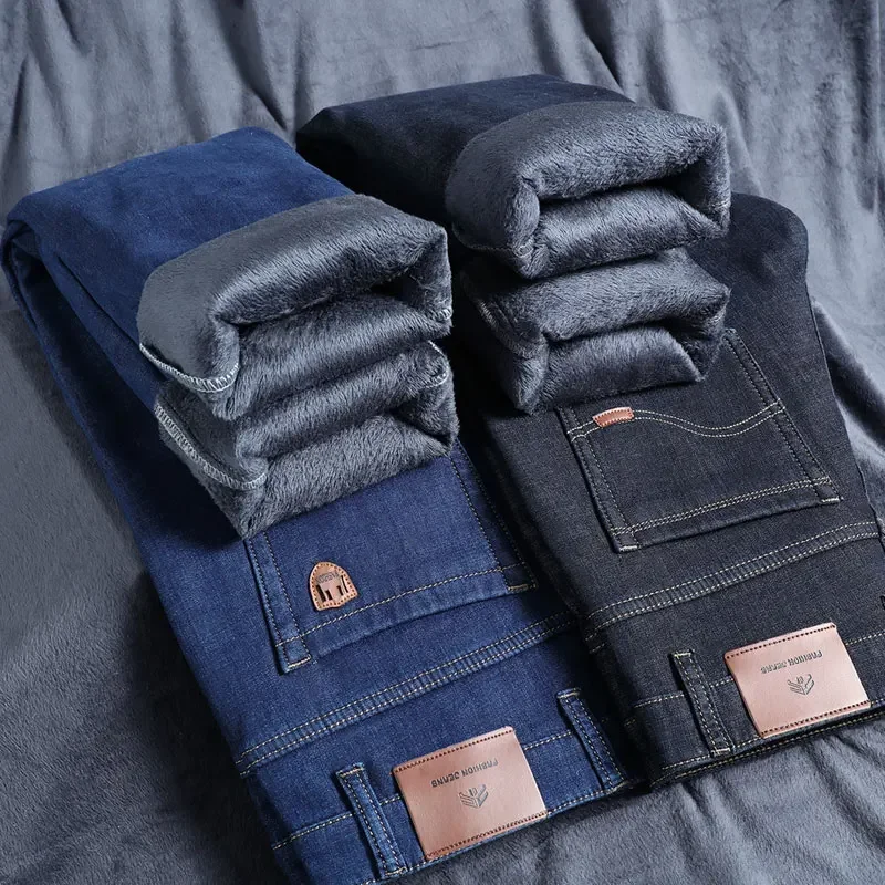 겨울 신상 브랜드 클래식 비즈니스웨어 남성 데님 블랙 블루 진 플리스 두꺼운 따뜻한 핏 스트레이트 하이웨이스트 스트레치 바지