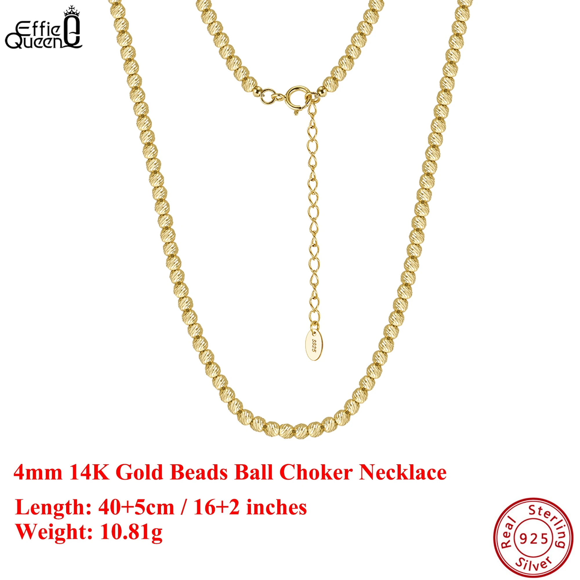 

Effie Queen S925 Silver 14k Gold Twill Beads Ball Chain Choker Necklace Luxury Jewelry for Women, Men's Necklace Banquet GAN10