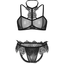 Mens Sissy Crossdresser Lingerie Set See Through Sheer Mesh Lace Trim Sissy Bra Top with Open Butt Jockstrap Briefs Underwear