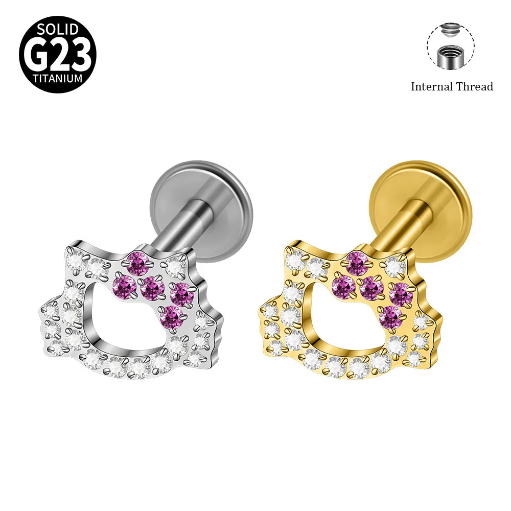 G23 Titanium Cat Labret Stud Internal Thread Cartilage Tragus Helix Ear Piercing Jewelry Inlaid Pink Zircon Cute Kitty Ear Studs