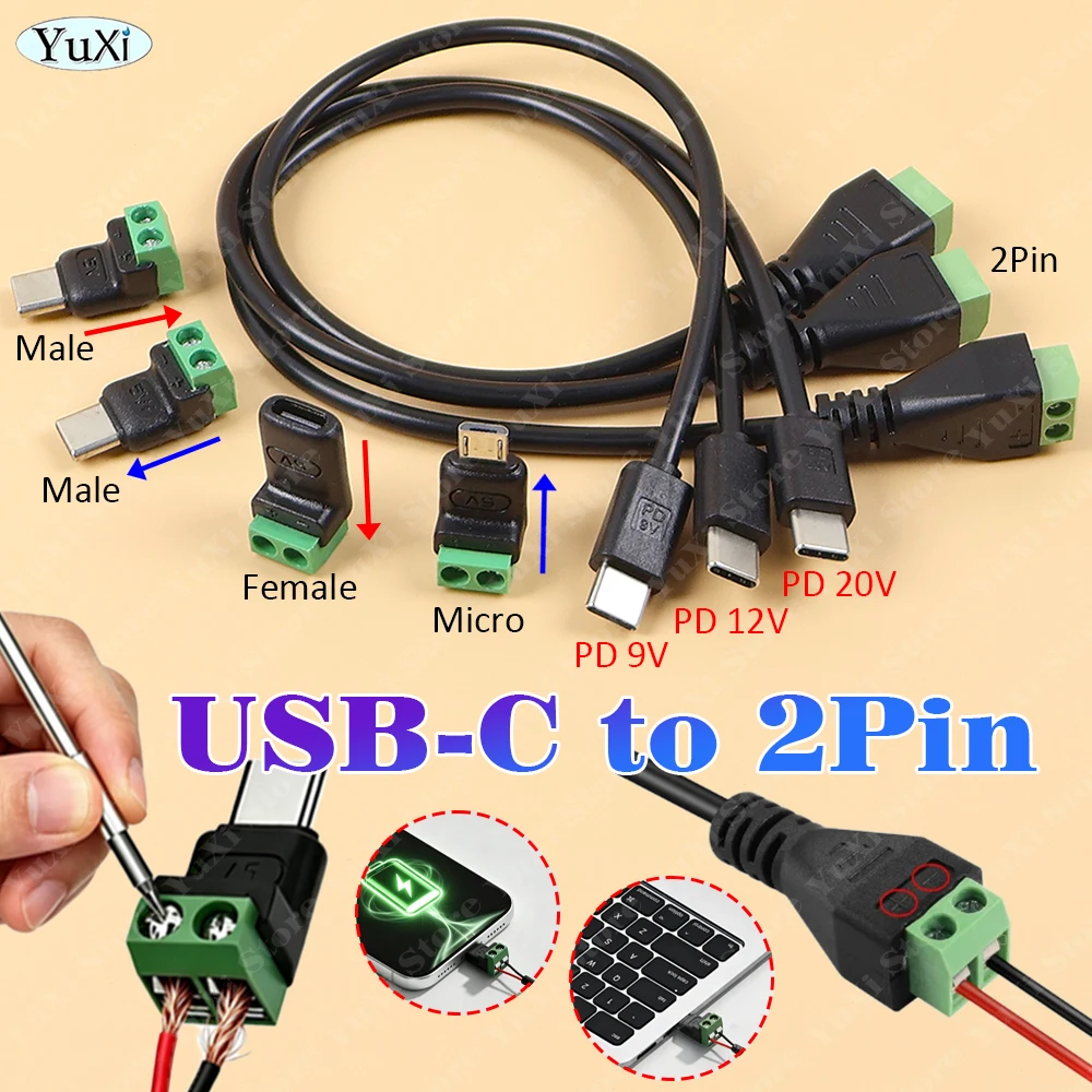1-10 Stücke Lötloser Stecker USB-C auf 2-Pin-Anschlussadapter Typ-C auf 2P-Anschluss 5V Ladeanschluss PD 9V/12V/20V Kabel DIY