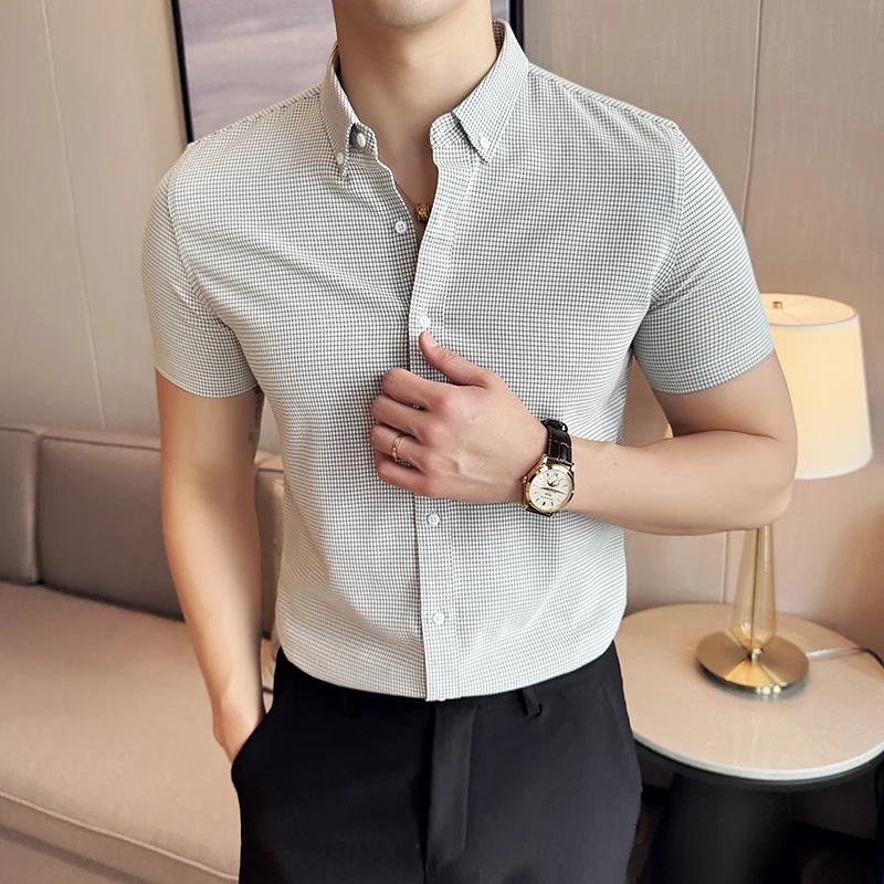 Men Thousand Bird Check Short Sleeved Shirt 2024 Summer New Youth Korea Fashionable Casual Elastic Slim Fit Shirt Men Clothing