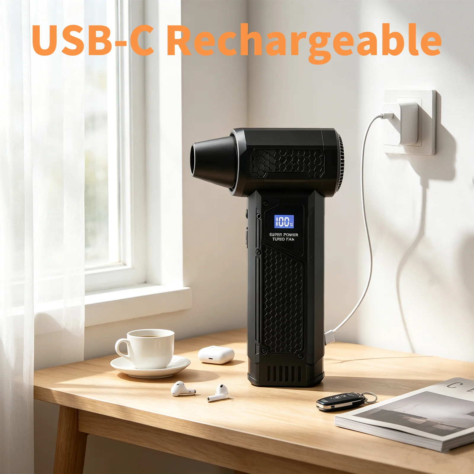 Mini-Turbo-Jet-Ventilator, kabelloser Luftstaubsauger - Hochgeschwindigkeits-Brushless-Motor, LED-Display, wiederaufladbares Gebläse für PC, Auto, Haushaltsreinigung, 4000mAh Akkupack – Detail 4