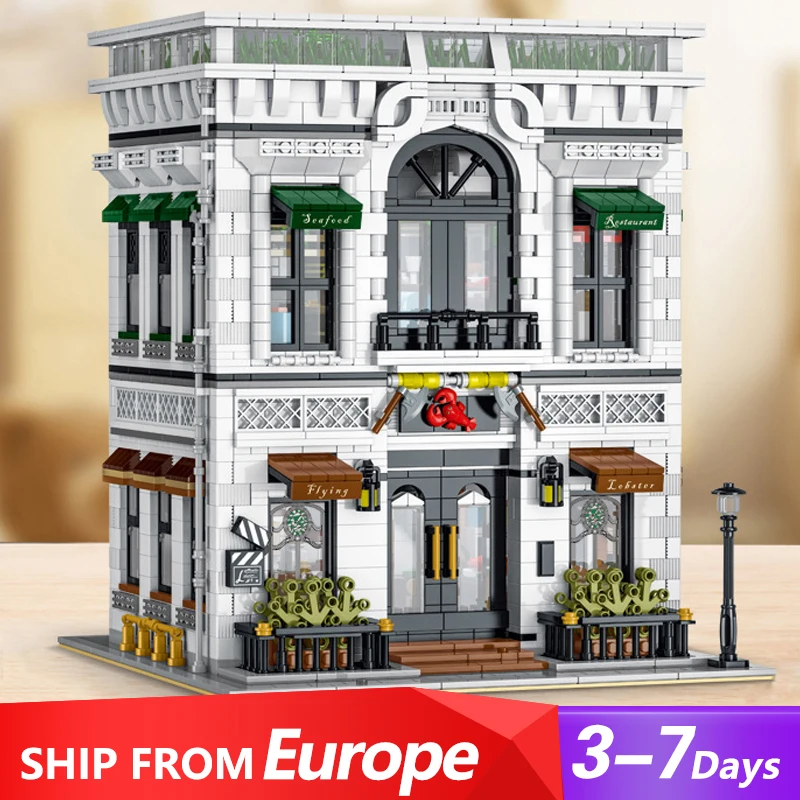 City Street Scene MOC XMORK 10203 Seafood Restaurant Model 3846PCS Creative Expert Building Blocks Brick Puzzle Toys Gift