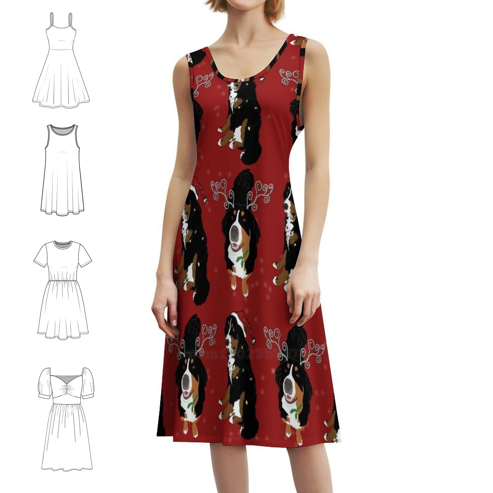 

Christmas Holiday Bernese Mountain Dog Pattern-Red Women's Streetwear Party Dress Trendy Print Club Clothing For Female Xmas