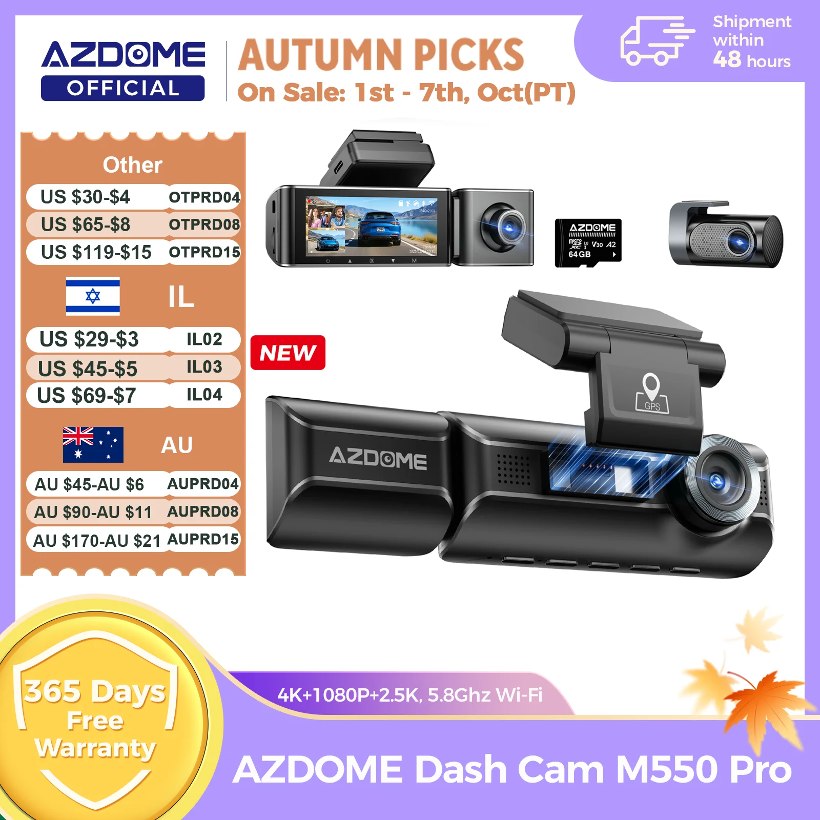 New AZDOME 4K M550 Pro Dash Cam Front Rear Interior 3 in 1 Car Camera 24H Parking Monitor Supercapacitor 5G WIFI GPS ADASCar DVR