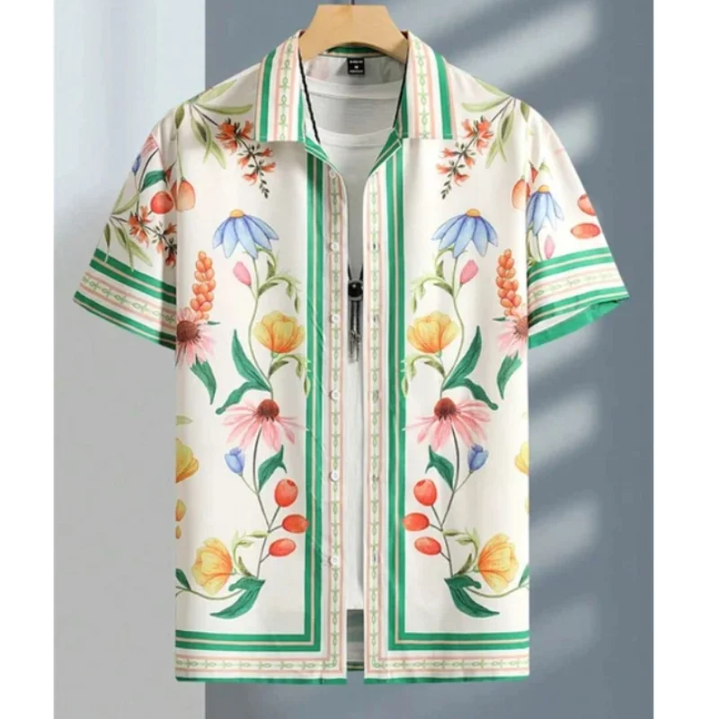 2024 New Men\'s Shirt Flower Print Ethnic Totem Style Lapel Men\'s Short Sleeve Tops Large Size Casual Men\'s Short Sleeve Shirt