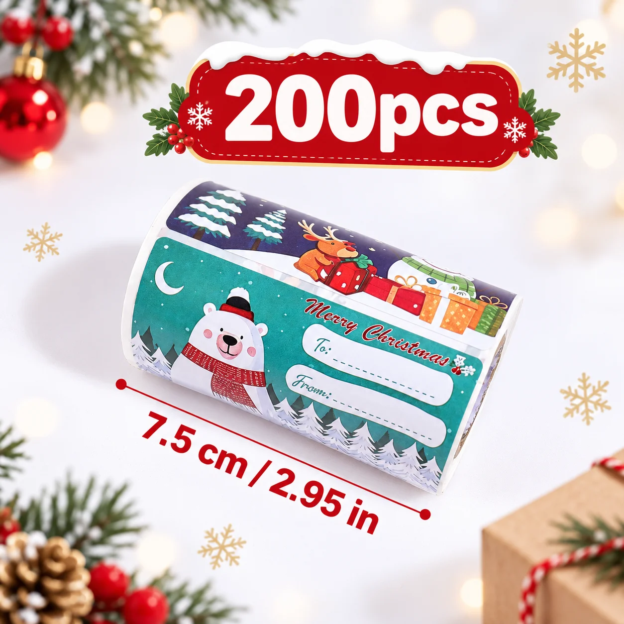 200PCS Christmas gift tag sticker rolls, self-adhesive and writable labels, suitable for gift and holiday packaging seals