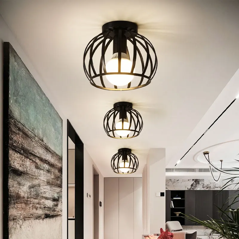 Vintage E27 Ceiling Lights Ceiling Lamps For Corridor Foyer Aisle Black Metal Indoor Cage Chandelier Lighting Fixures for Home