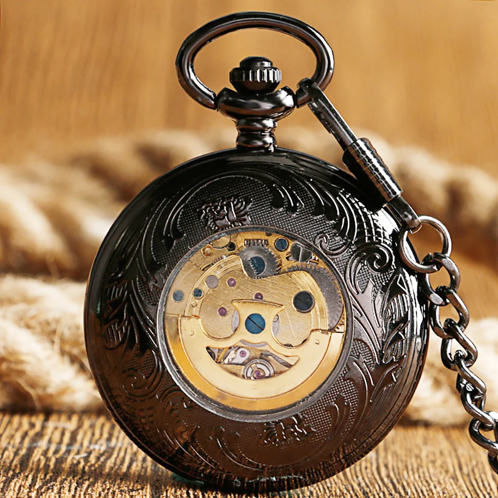 Circle Openwork Automatic Mechanical Pocket Watch Smooth Case Self-Wind Pocket Watches Black Pendant Roman Numeral Dial Clocks