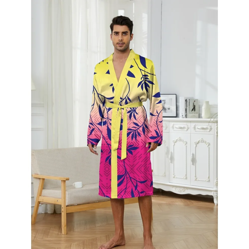 

Men's 3D Printed Gradient Leaf Pattern Bathrobe Nightgown Comfortable Popular Features Quick Dry All Seasons