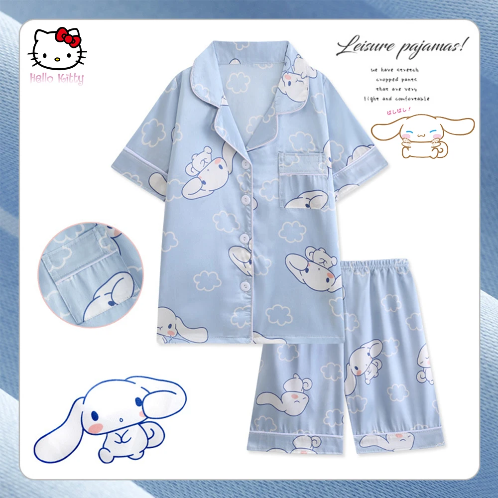 Kids Summer Nightwear Pajamas Sanrios Cinnamoroll Kuromi Kawaii Short Sleeved Shorts Anime Cartoon Boys Girls Ice Silk Home Wear