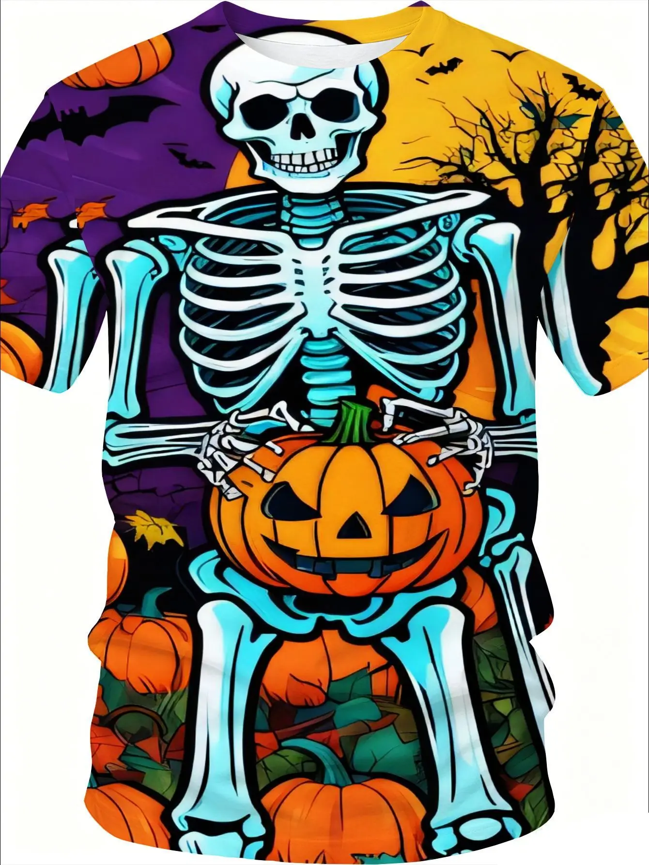 Men Short Sleeve T‑Shirt 3D Skeleton Holding Pumpkin Bat Dead Tree Print Halloween Colorful Casual Party Top