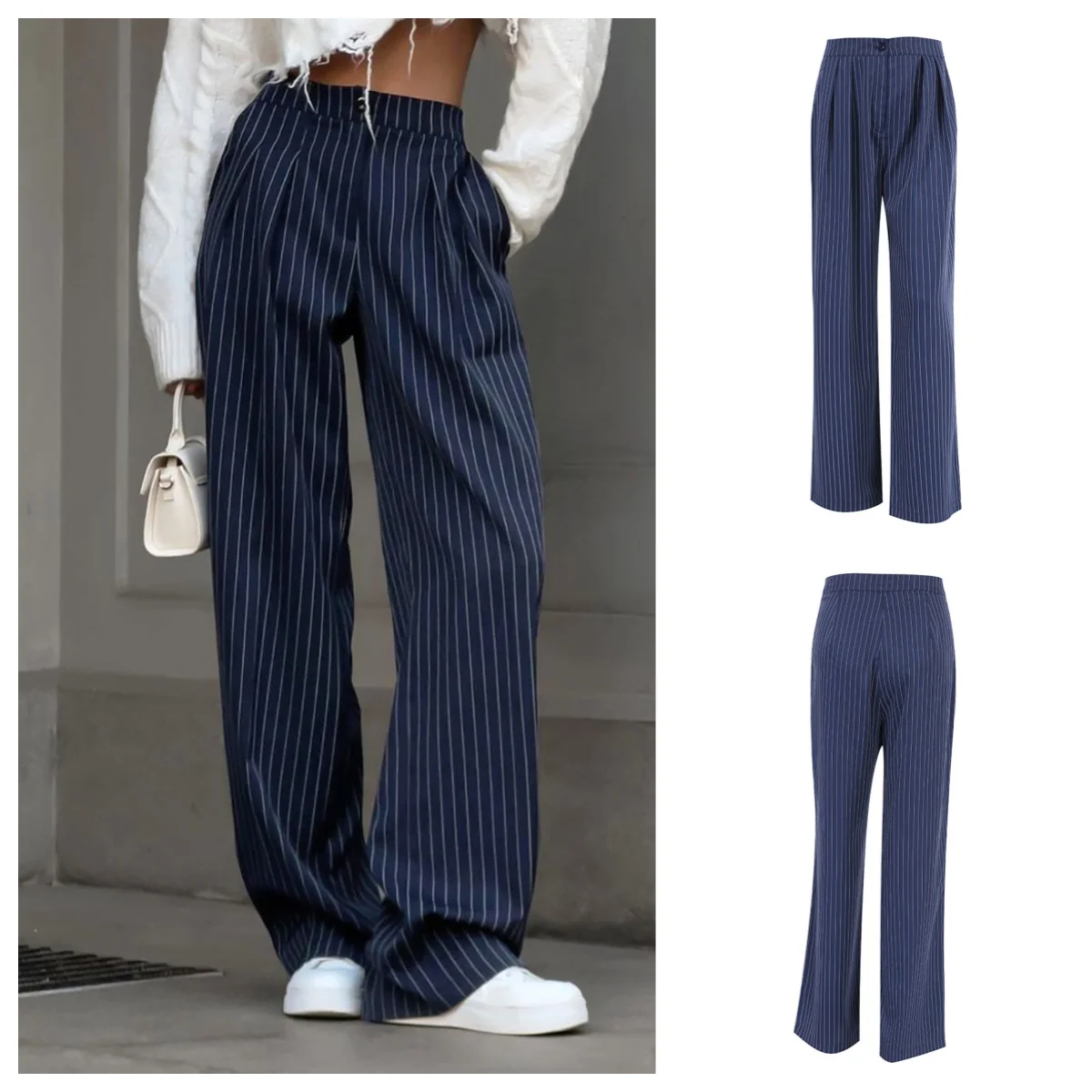 

2025 Autumn Women's Fashion Navy Blue Striped High Waisted Pants New Stylish Casual Office Lady Suit Trousers 2025 Bottoms