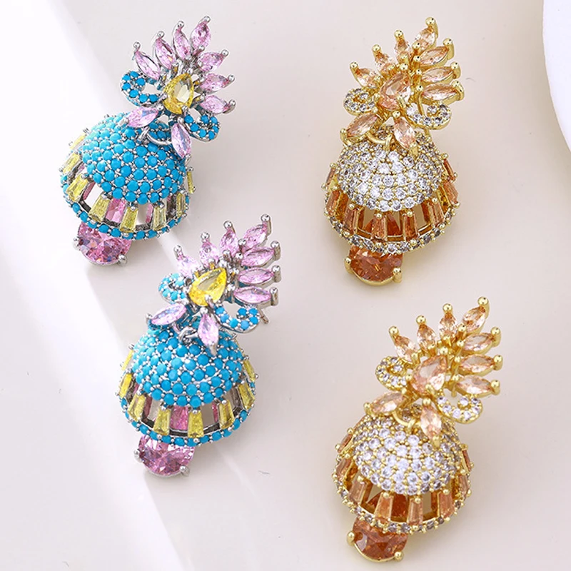 Traditional Indian Jhumka Earrings Multicolored Zircon Bell Long Drop Dangle Earring Bohemian Gypsy Jhumki Women Party Jewelry