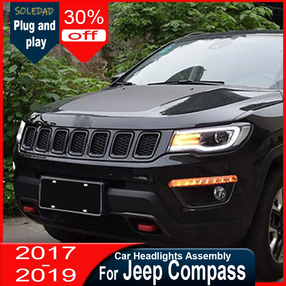 Car headlights for 2017-2019 jeep compass modified headlight assembly LED day running light turn signal xenon double lens