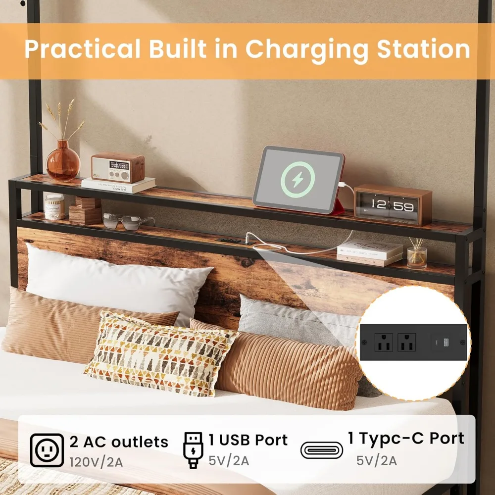 إطار سرير بمظلة كوين مع لوح أمامي للتخزين ومحطة شحن، سرير بمنصة معدنية قوية مع 4 أعمدة قابلة للإزالة #3