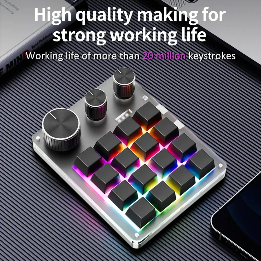 16 Keys 3 Mode Macro Mechanical Keyboard USB RGB Gaming Custom Programming Knob Portable Custom 6Keys 3Knob Switch For Photoshop