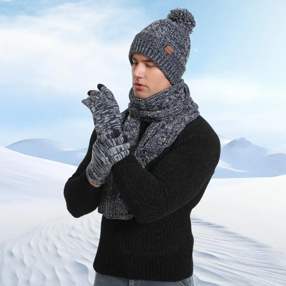 Breathable Pom Pom Hat Winter Warm Knit Beanie Hat Touchscreen Gloves Scarf Set for Outdoor Sports Skiing Camping Unisex for Men