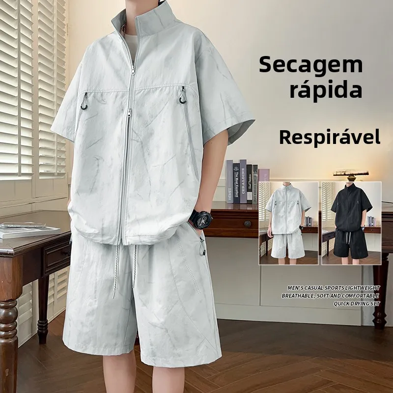 ensemble-de-sport-decontracte-pour-hommes-Ete-2026-–-sechage-rapide-respirant-manches-courtes-col-montant-short-ample-deux-pieces-en-polyester