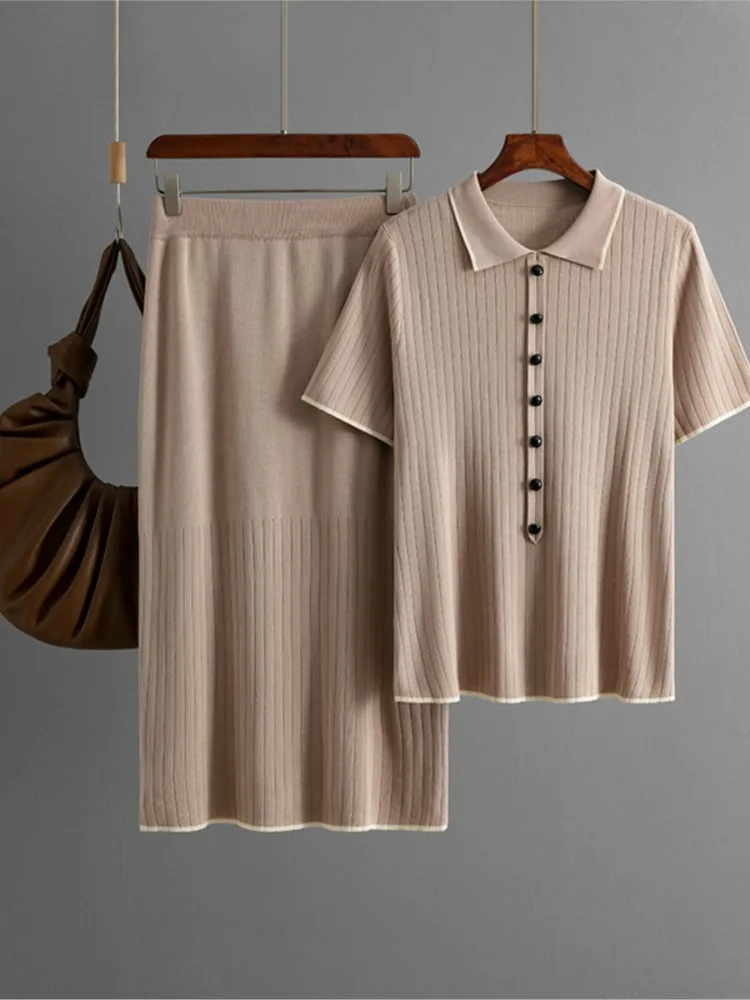Casual Solid Polo Top Set per le donne Moda T-shirt a maniche corte + Gonne lunghe Set da 2 pezzi Lady 0ffice Vacanza Abbigliamento donna