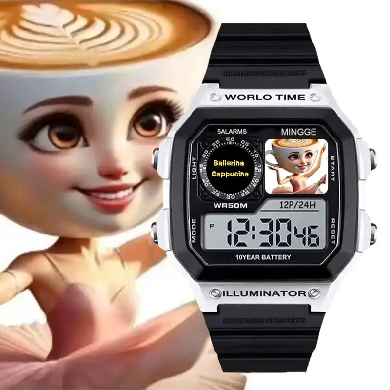 Italienische Brainrot Cartoon Digitaluhren Tung Sahur Tralalero Tralala Männer Sport Leuchtende Multifunktions Wasserdichte Armbanduhr