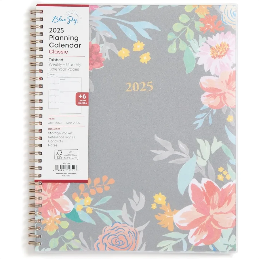 

2025 Monthly Calendar January 2025 December 2025 8.5" x 11" Flexible Frosted Cover Laminated Tabs Wirebound Storage Pocket Sop