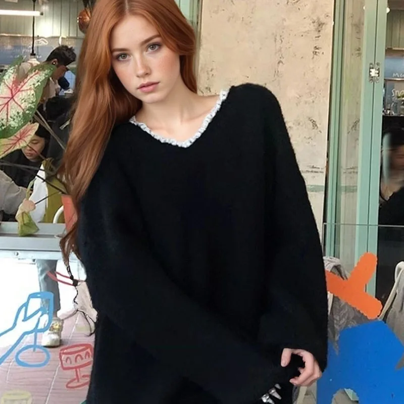 Maglione da donna sexy con scollo a V e grande fiocco, top in maglia allentata di fascia alta pigro ed elegante francese