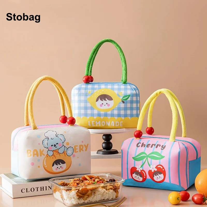 

StoBag 3pcs Cartoon Lunch Box Bags with Handle Insulation Cute Kids Child Food Drink Packaging Storage Handheld Portable Pouches