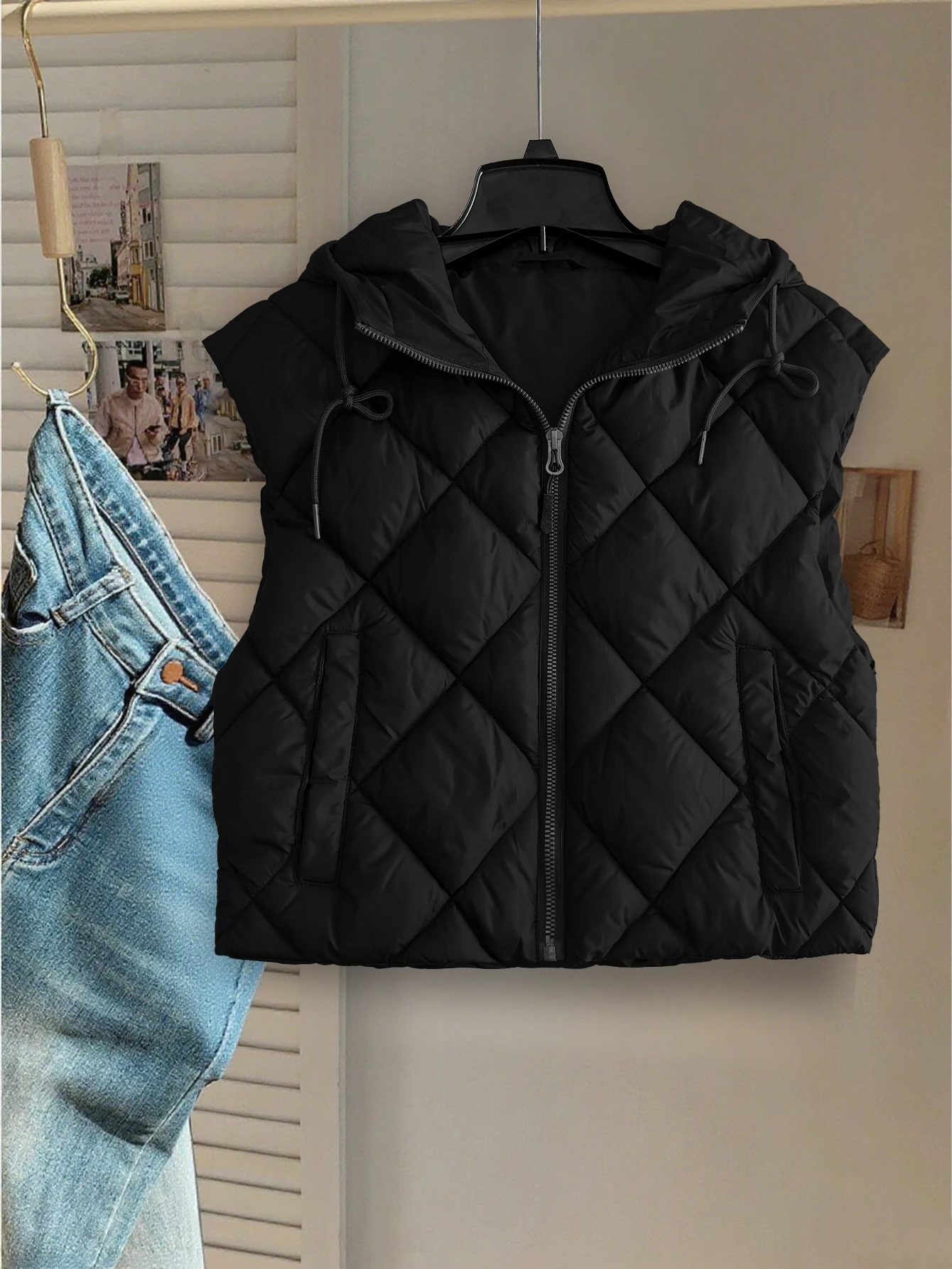 سترة نسائية بغطاء للرأس شتوية بسحاب خفيفة الوزن بدون أكمام ملابس خارجية دافئة معطف مبطن باللون الأسود #3