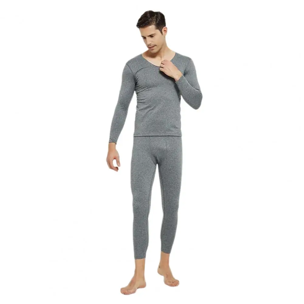 2 Pcs/Set Winter Men Thermal Underwear Set V Neck Warm Thick Plush Seamless Slim Elastic Men Pajamas Set Tracksuit Top Pants Set