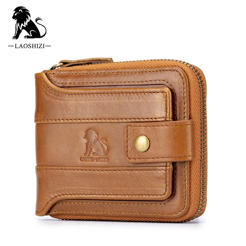 LAOSHIZI-Carteira RFID de couro genuíno para homens, organizador masculino, porta-moedas, bolsos, zíper, braçadeira, titular do cartão, fino, marca de moda