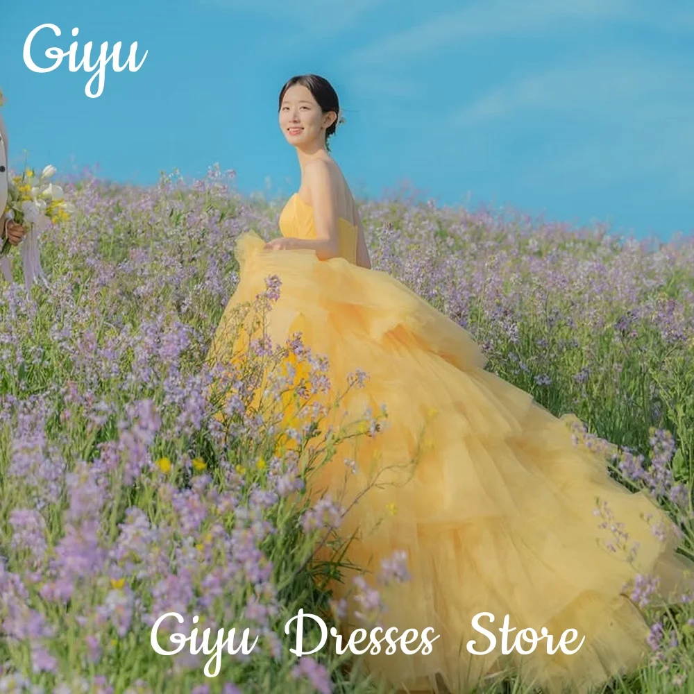 

Giyu Fairy Yellow Wedding Party Dresses A-line Tulle Strapless Tiered Pleat Korea Photoshoot Customized Corset 2025 Evening Gown