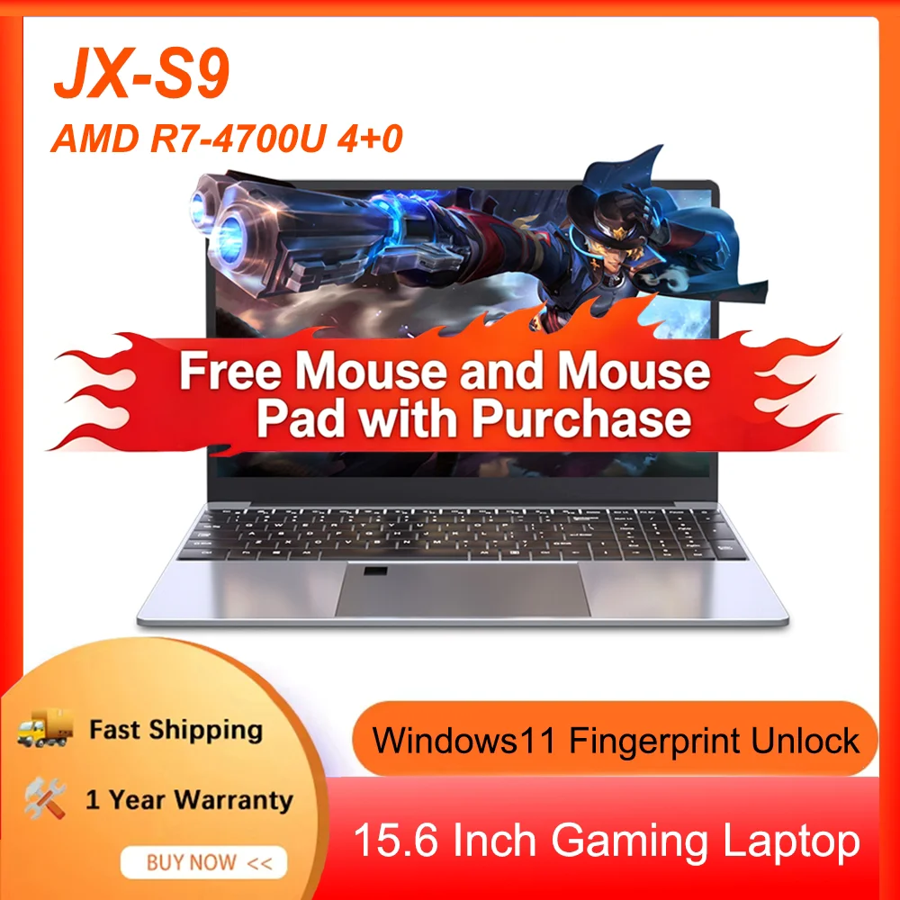 JX-S9 15.6'' Gaming Notebook AMD R7 4700U Win 11 Laptop 32GB DDR4 2TB SSD Fingerprint Security Unlock Portable Thin and Light PC