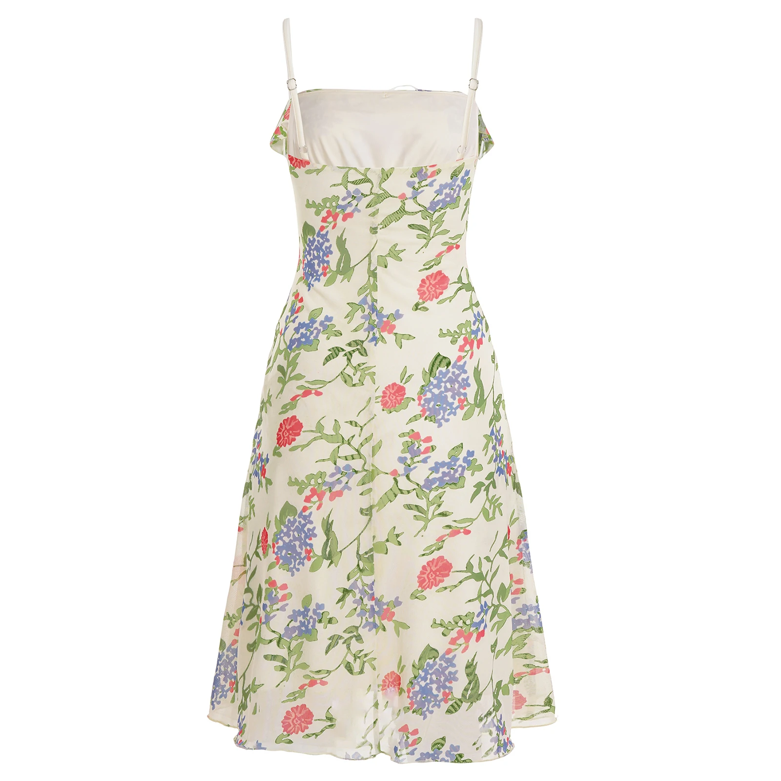 ชุดเดรสฤดูร้อนของผู้หญิงมิดิ คามิแขนกุดเปิดหลังพิมพ์ลายดอกไม้ชุดสายสปาเก็ตตี้