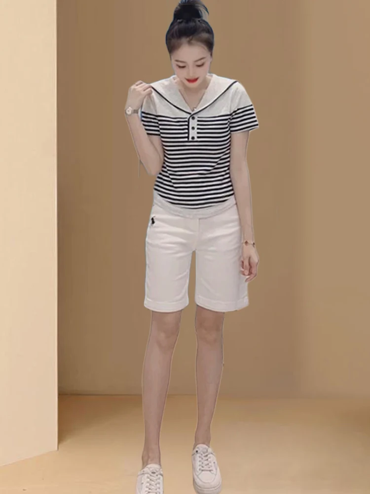 Elegancki granatowy kołnierzyk w paski, krótki top damski na lato, nowy, wyszczuplający, w stylu koreańskim, do pracy, wzór.