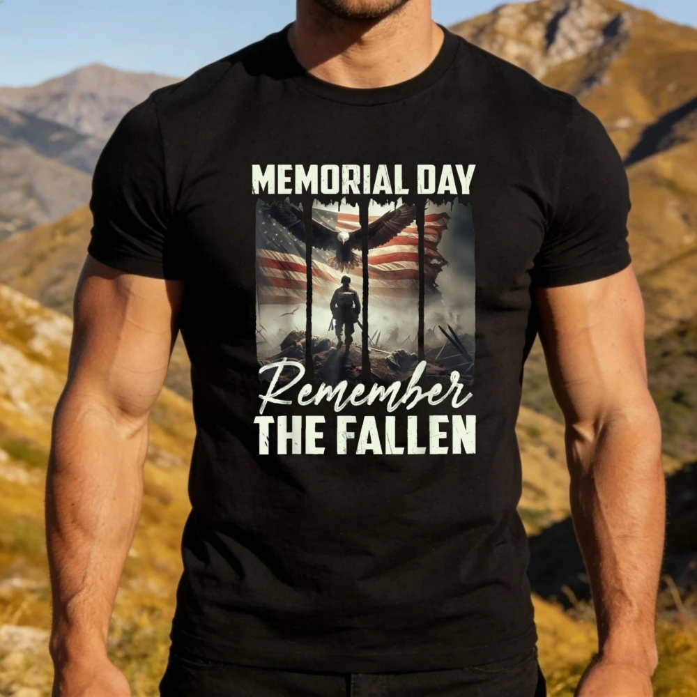 Memorial Day Remember The Fallen Graphic Shirt Men Cotton Short Sleeve Bald Eagle Battlefield Soldier Fallen Heroes Tribute Tops