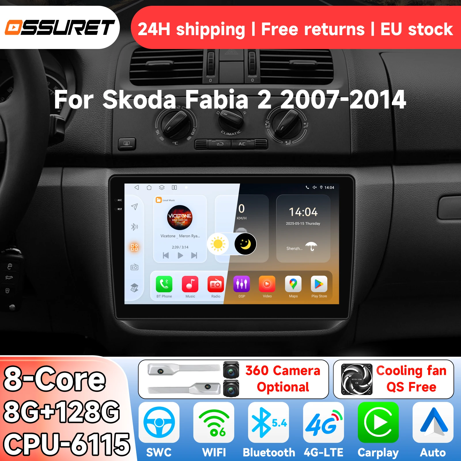 OSSURET Android 14 Autoradio per Skoda Fabia 2 2007-2014 Sistema Intelligente Carplay Auto Lettore Multimediale Video GPS 4G DSP 6115