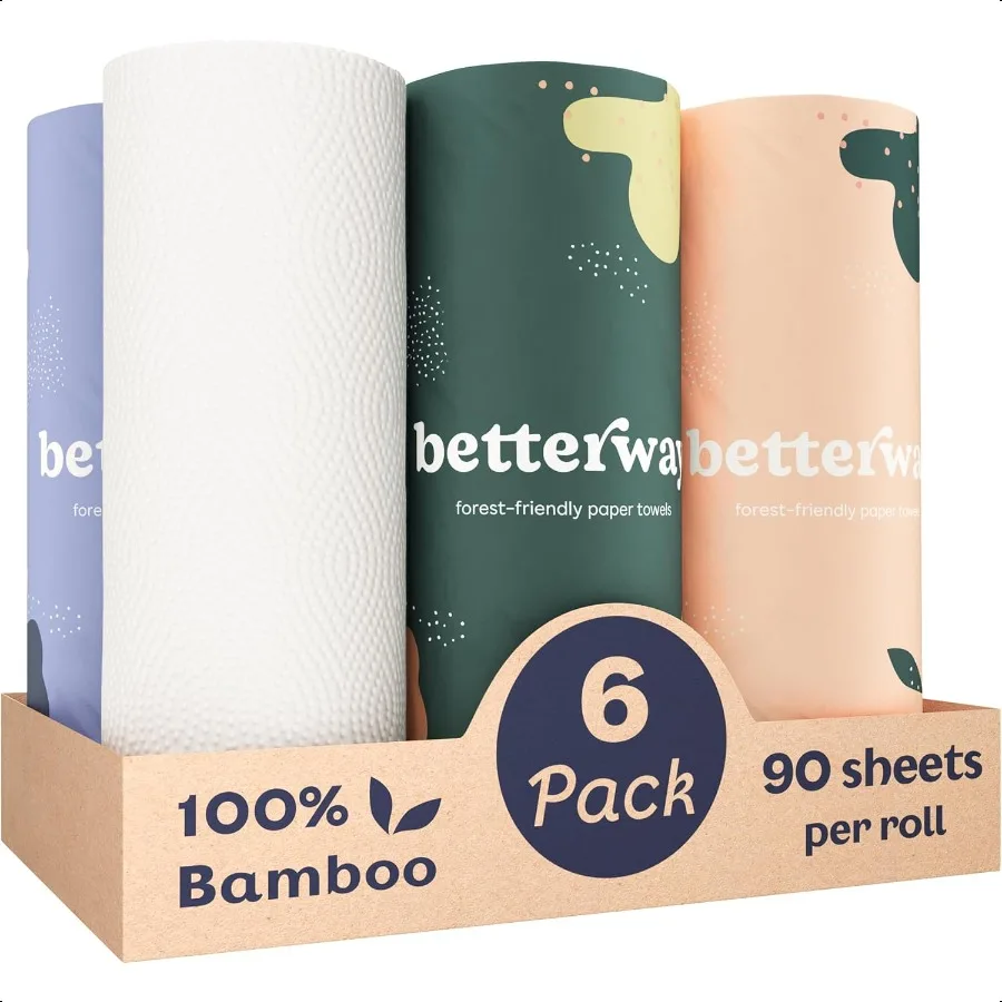 Toallas de papel de bambú, 6 rollos, 2 capas, sin plástico, toallas de papel de cocina, tamaño seleccionado, sin árboles, compostables, fuerte absorbente, sin tintes