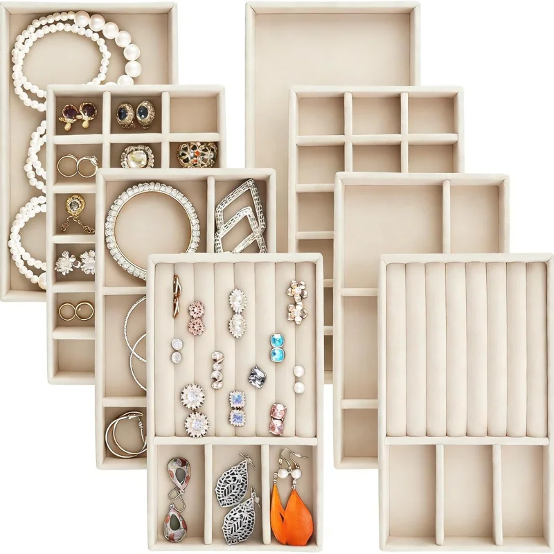 Velvet Jewelry Display Exquisite Jewellery Holder Portable Ring Earrings Necklace Organizer Storage Box Organizator Trays Beige