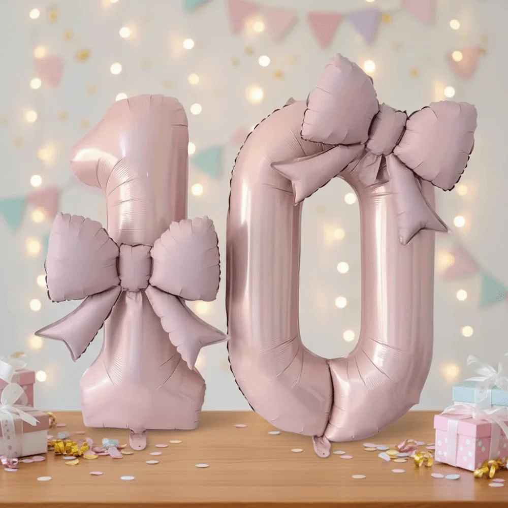 Large 40 Inch Number Digital 0-9 Balloon with Bowknot Anniversary Decoration Foil Balloons Cream Pink Birthday Party Balloons view 6