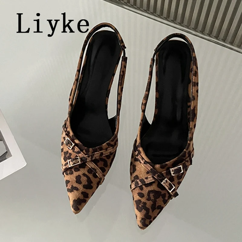 Liyke Marca Moda Doppia Fibbia Fascia Stretta Décolleté da Donna Sexy Stampa Leopardo Punta a Punta Slingback Sandalo Tacchi Alti Scarpe da Festa