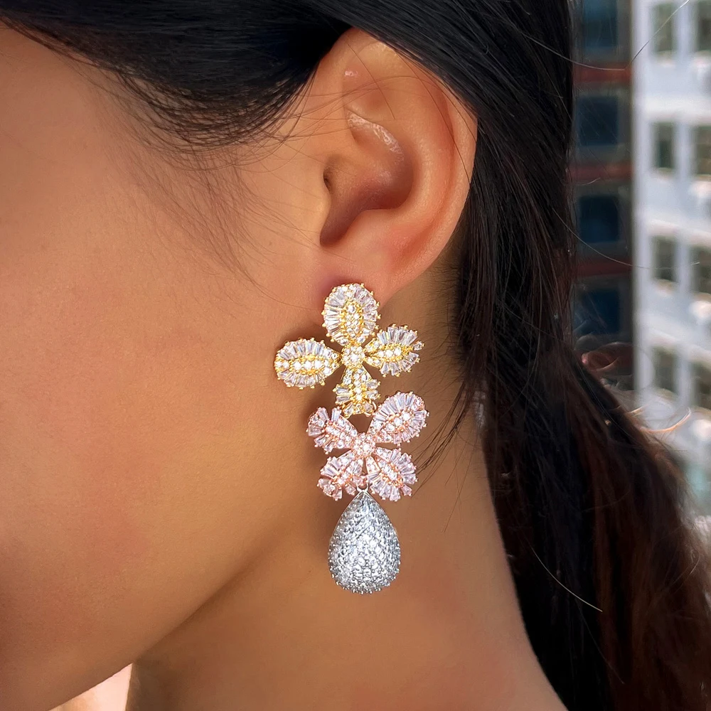 CWWZircons Stylish 3 Tone Long Leaf Drop Earrings for Women Shiny Cubic Zirconia Micro Pave Bridal Statement Party Jewelry E0557