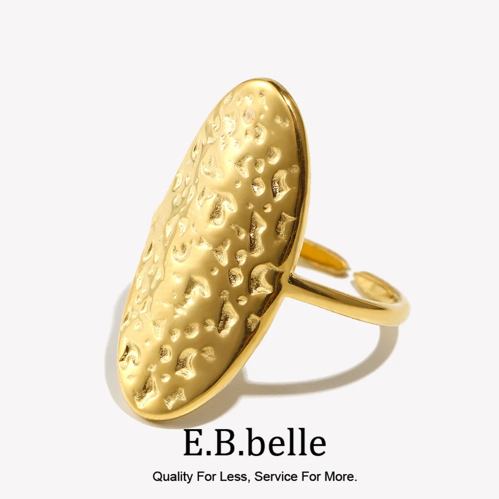 E.B.belle Minimailst Style Oval Hammer Pattern Opening Ring 18K Gold Plated Stainless Steel Waterproof Party Statement Jewelry
