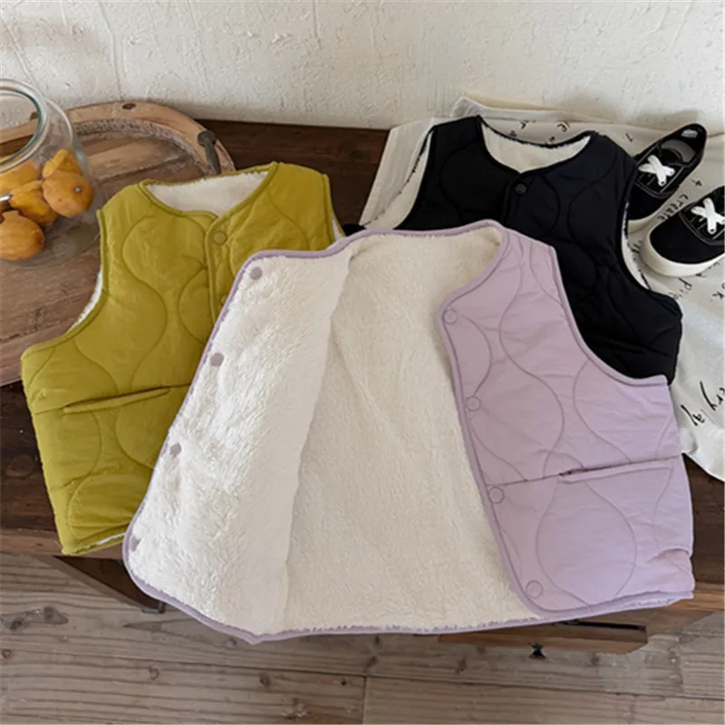Children Fleece Waistcoats RAISE Winter Teens Girls Plus Velvet Sleeveless Jackets Lamb Thick Warm Junior Girls Outerwear Coats