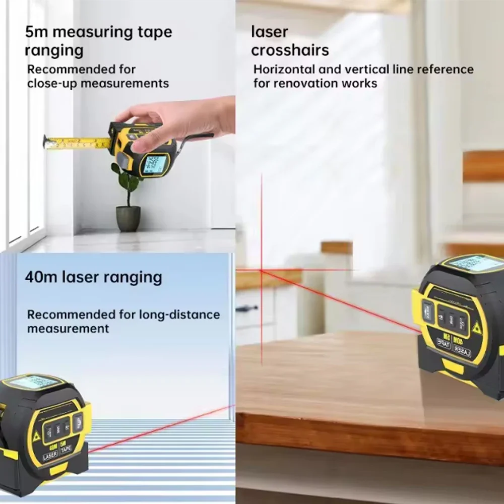 Telêmetro laser 3 em 1, medição de distância de 40 m / 60 m com display retroiluminado, área de escala de telêmetro/distância recarregável