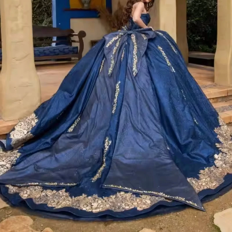 

Vintage Mexican Navy Blue Women Prom Occasion Wear Lace Applique Big Bowknot Puffy Tulle Quinceanera Dresses 15 16 14 Customized